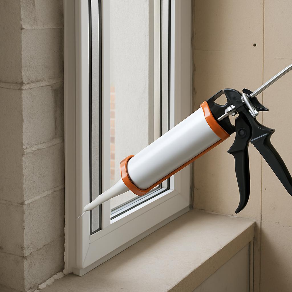 This image shows a caulking gun used to fill a trim around a window frame. An orange and white caulk gun is shown in the c...