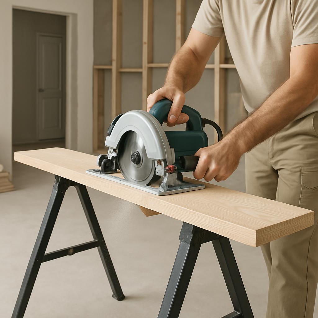 A person is using a circular saw to cut a wooden board, with the saw positioned on a sawhorse-style stand.