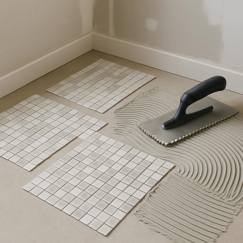The tile adhesive for the mosaic tile pieces laid on the gray floor and the beige wall with some plaster patches. The adhe...