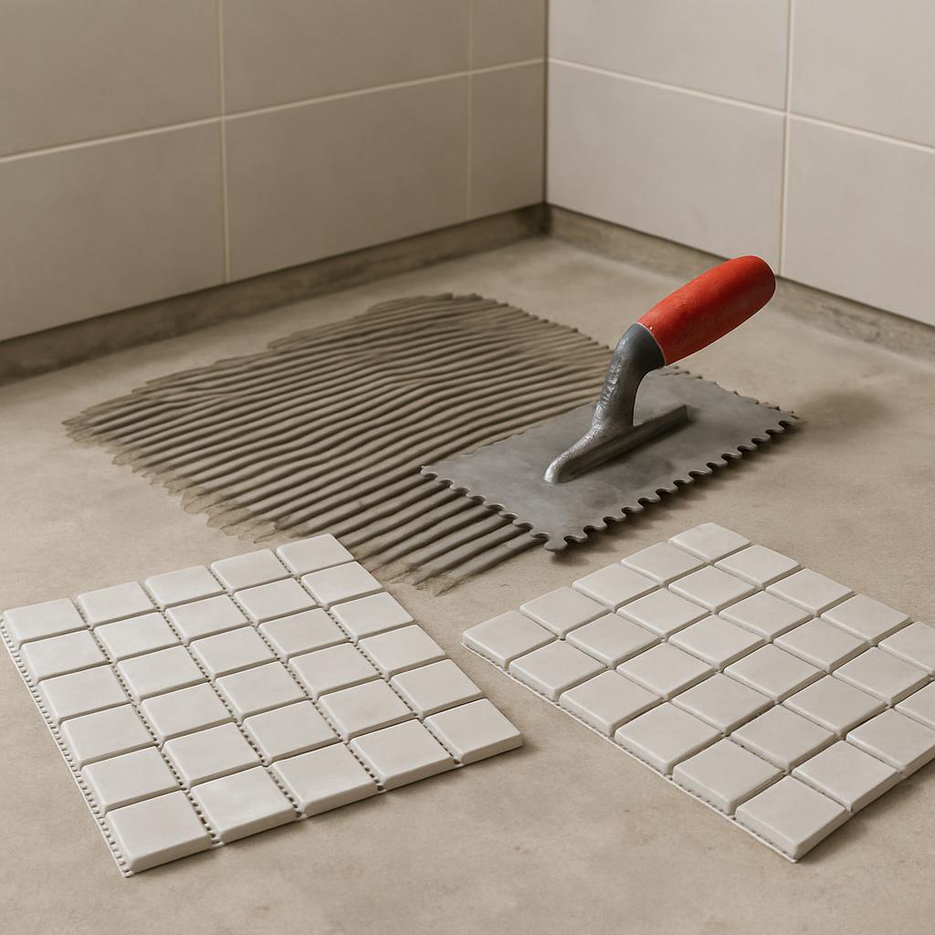 A smooth, even surface being prepared for tile installation, with a trowel and mosaic tiles arranged on top of it.