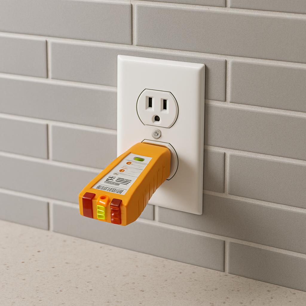 The image shows a white outlet with a GFCI outlet installed in it, and a yellow device plugged into the GFCI outlet. The G...