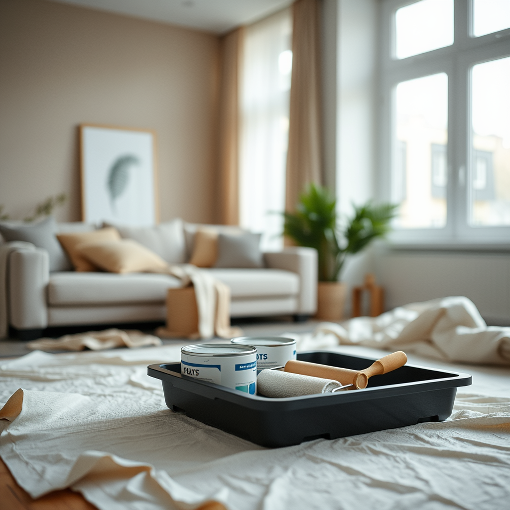 An interior room showing paint supplies, paint cans and brushes, spread out on a piece of white drop cloth on the floor in...