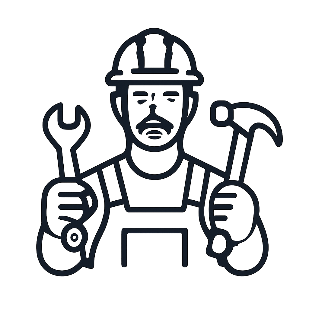 A man in overalls and a hard hat holds a wrench in one hand, and a hammer in the other.